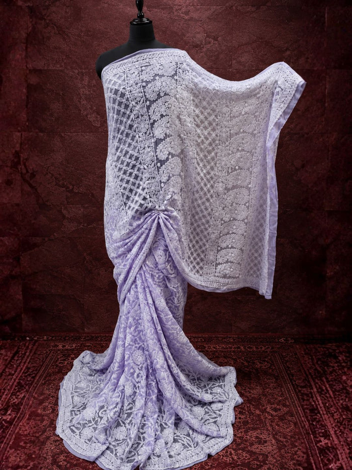 Indiehaat | Purple Georgette Chikankari Saree | Lucknowi