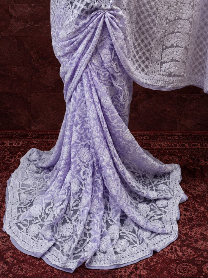 Indiehaat | Purple Georgette Chikankari Saree | Lucknowi