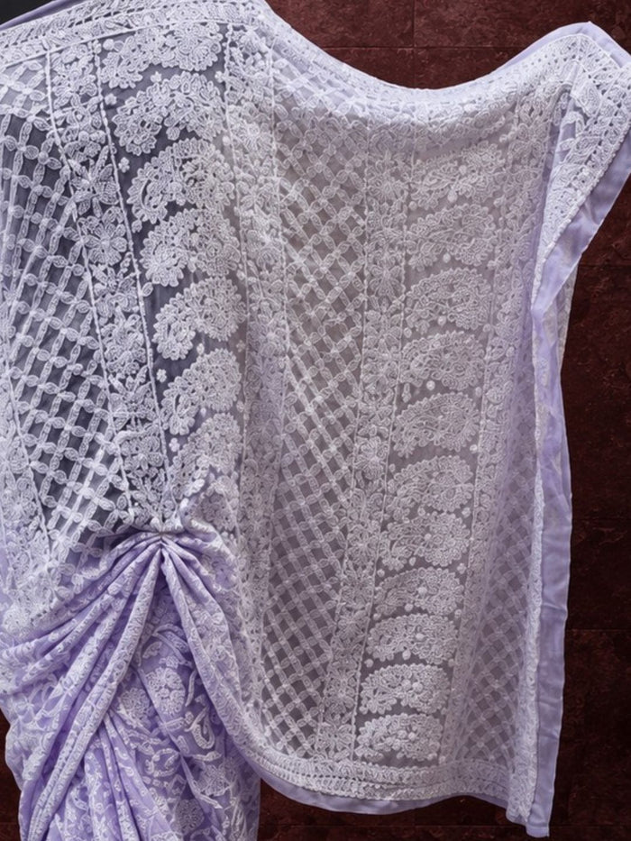 Indiehaat | Purple Georgette Chikankari Saree | Lucknowi