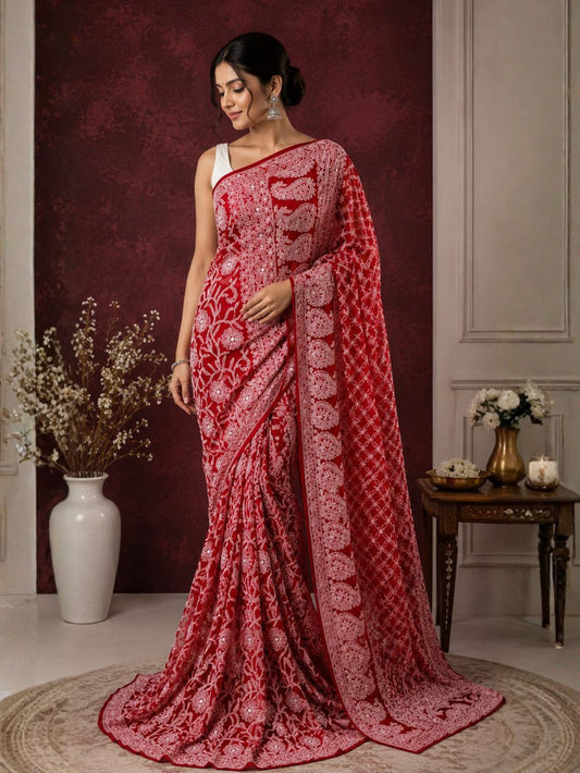 Indiehaat | Red Georgette Chikankari Saree | Lucknowi