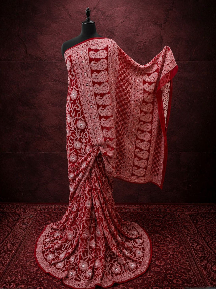 Indiehaat | Red Georgette Chikankari Saree | Lucknowi