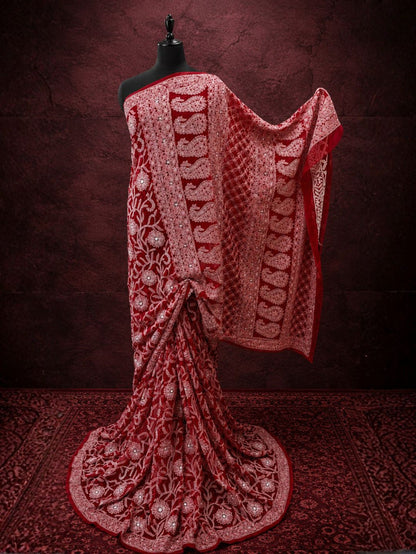Indiehaat | Red Georgette Chikankari Saree | Lucknowi