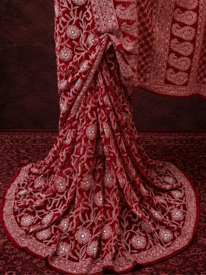 Indiehaat | Red Georgette Chikankari Saree | Lucknowi