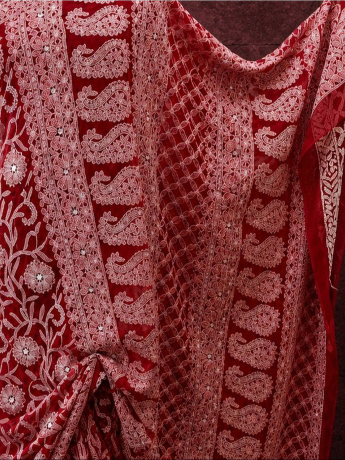 Indiehaat | Red Georgette Chikankari Saree | Lucknowi