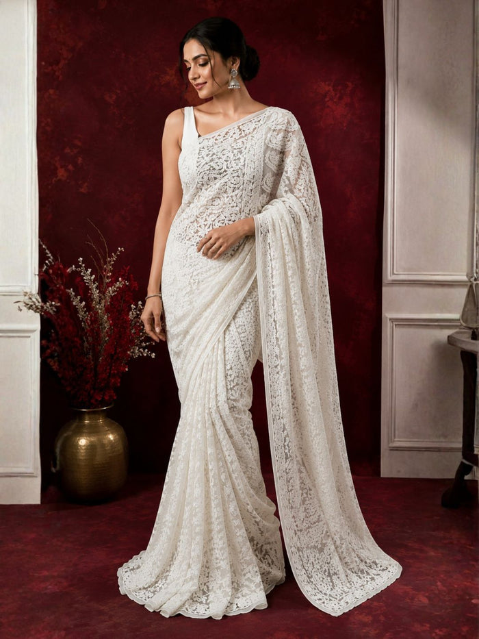 Indiehaat | White Georgette Chikankari Saree | Lucknowi