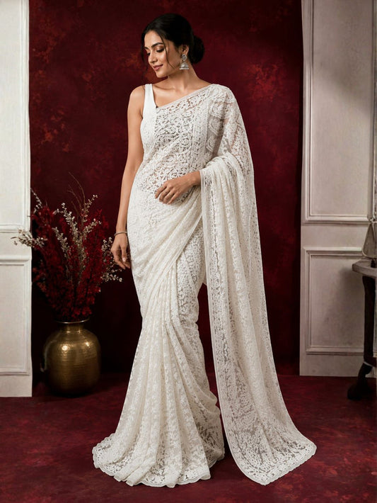 Indiehaat | White Georgette Chikankari Saree | Lucknowi