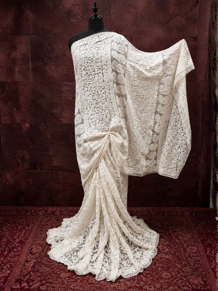 Indiehaat | White Georgette Chikankari Saree | Lucknowi