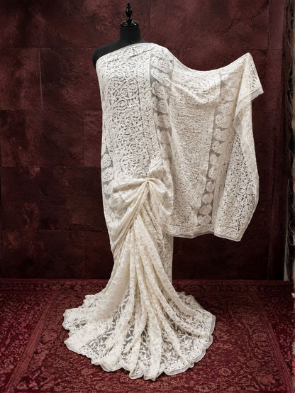 Indiehaat | White Georgette Chikankari Saree | Lucknowi