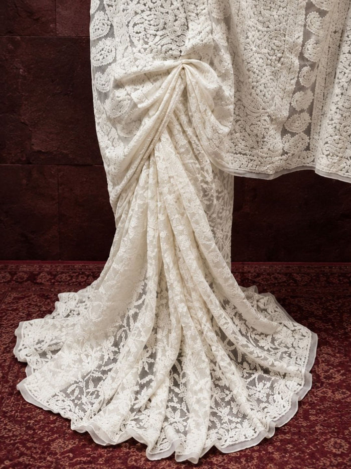Indiehaat | White Georgette Chikankari Saree | Lucknowi