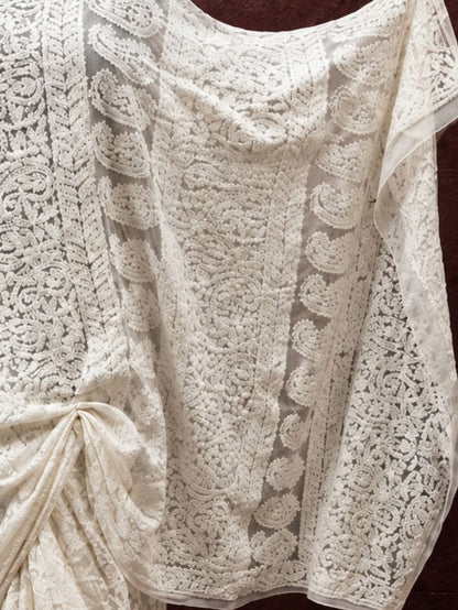 Indiehaat | White Georgette Chikankari Saree | Lucknowi