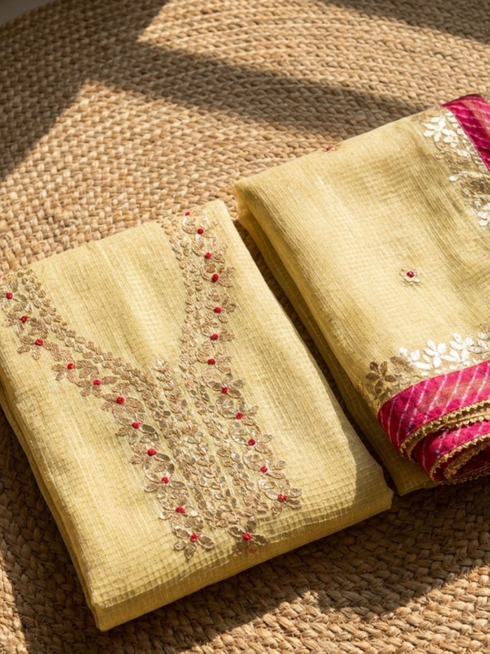 Indiehaat | Kota Cotton Gota Patti Suit Material Beige