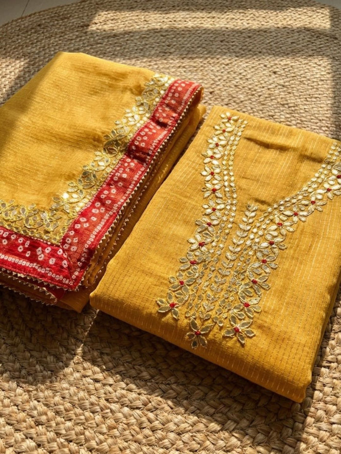 Indiehaat | Kota Cotton Gota Patti Suit Material Yellow
