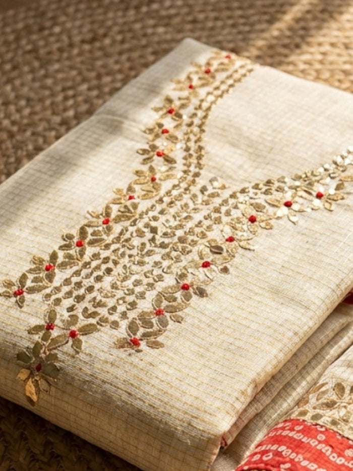 Indiehaat | Kota Cotton Gota Patti Suit Material White