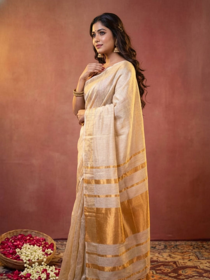 Indiehaat | Pure Tissue Linen Zari Anchal Saree White