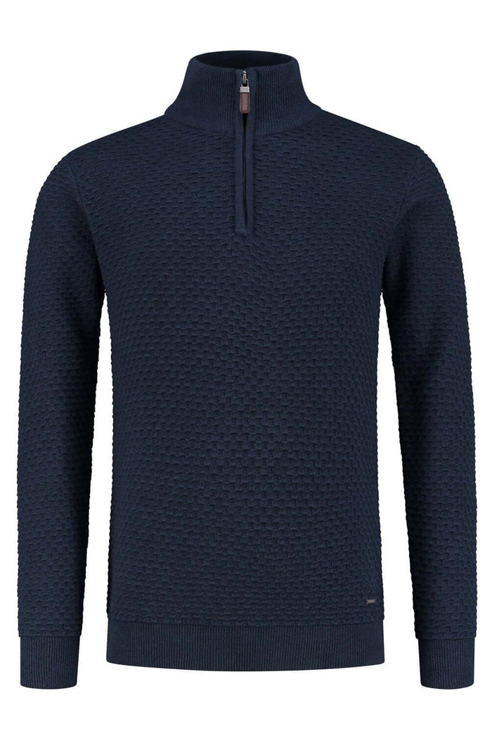 Trui halfzip donkerblauw, ademende katoenen trui met subtiele textuur en veelzijdig design.