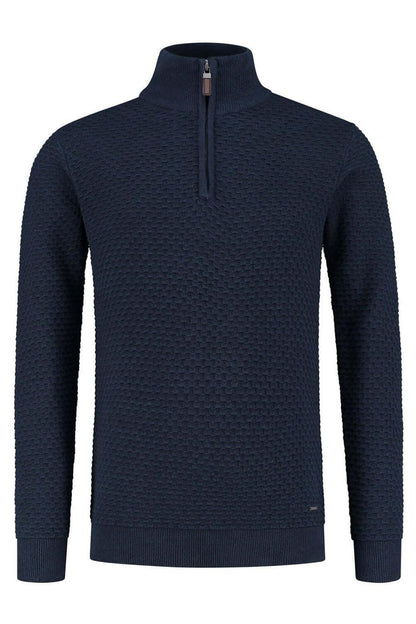 Trui halfzip donkerblauw, ademende katoenen trui met subtiele textuur en veelzijdig design.