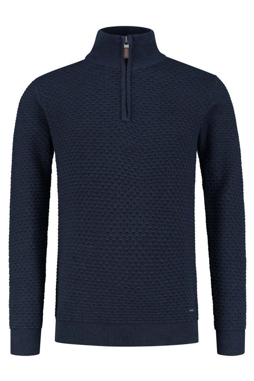 Trui halfzip donkerblauw, ademende katoenen trui met subtiele textuur en veelzijdig design.