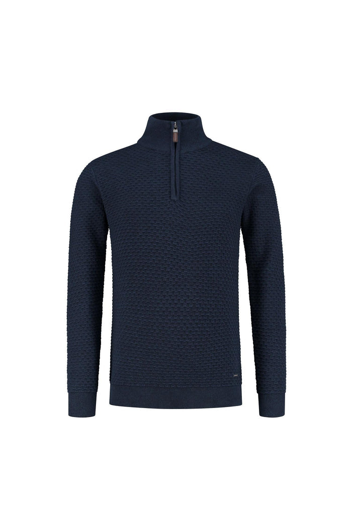 Trui halfzip donkerblauw, ademende katoenen trui met subtiele textuur en veelzijdigheid.