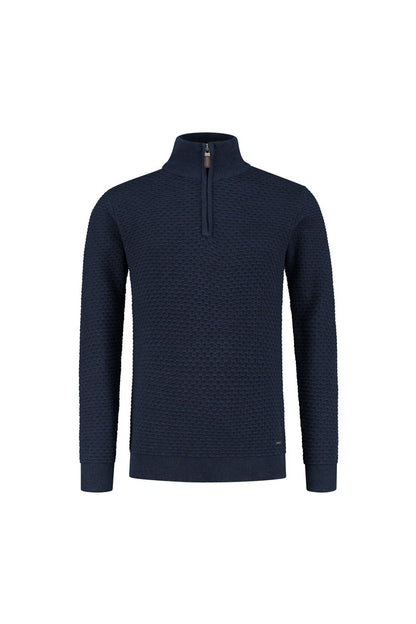 Trui halfzip donkerblauw, ademende katoenen trui met subtiele textuur en veelzijdigheid.