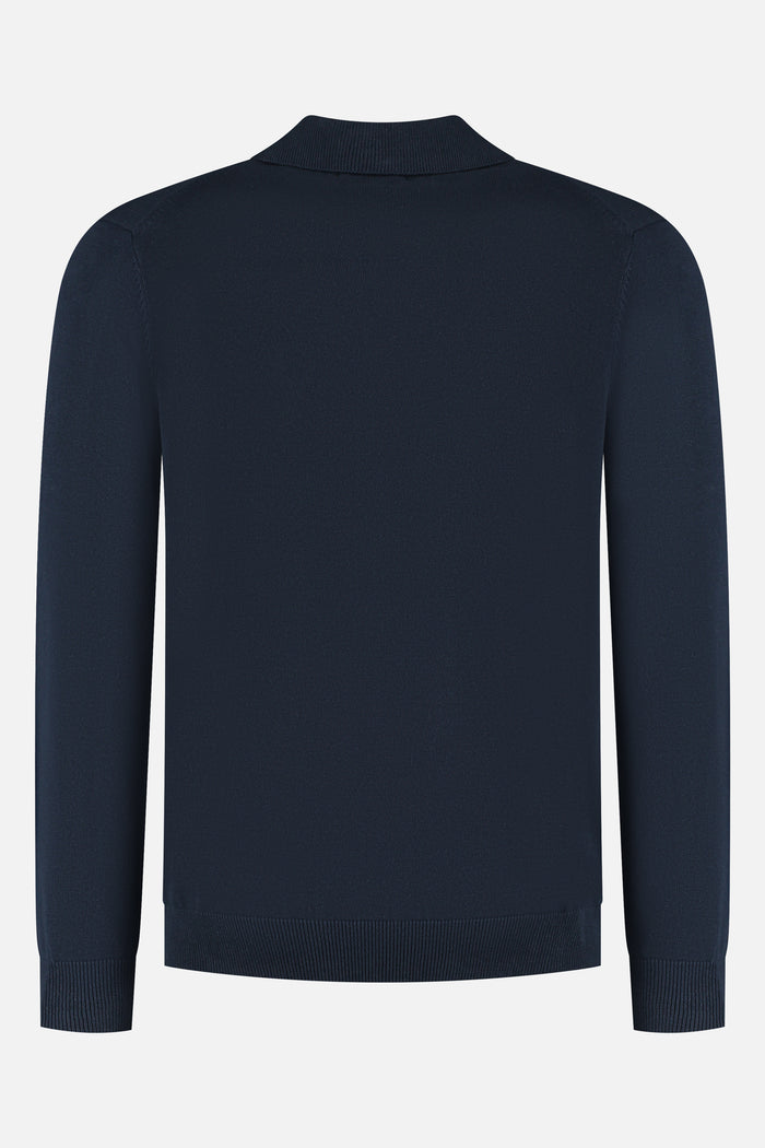 Trui riva katoen blauw, achteraanzicht van een blauwe trui van katoen met lange mouwen.