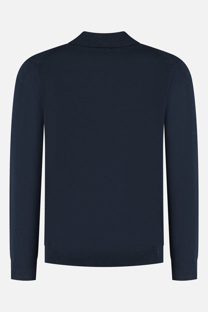 Trui riva katoen blauw, achteraanzicht van een blauwe trui van katoen met lange mouwen.