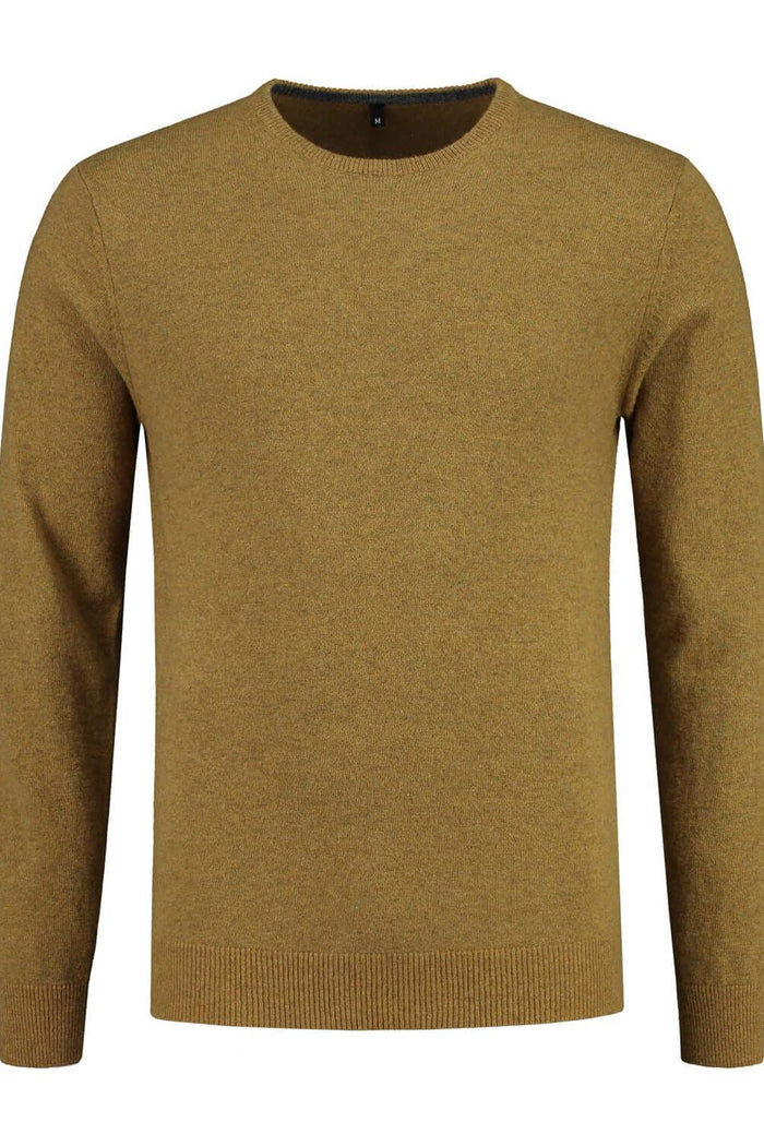 Trui ronde hals mosterd wol, mosterdkleurige wol-nylon trui met ronde hals, stijlvol en warm.