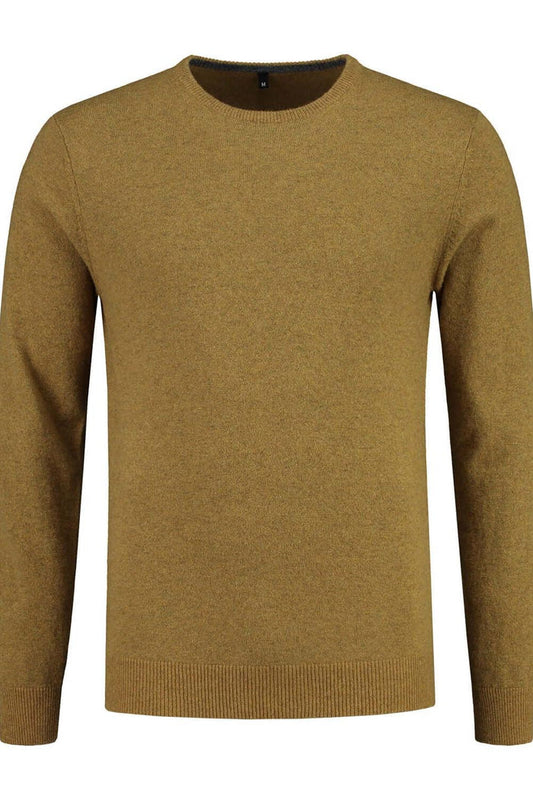 Trui ronde hals mosterd wol, mosterdkleurige wol-nylon trui met ronde hals, stijlvol en warm.