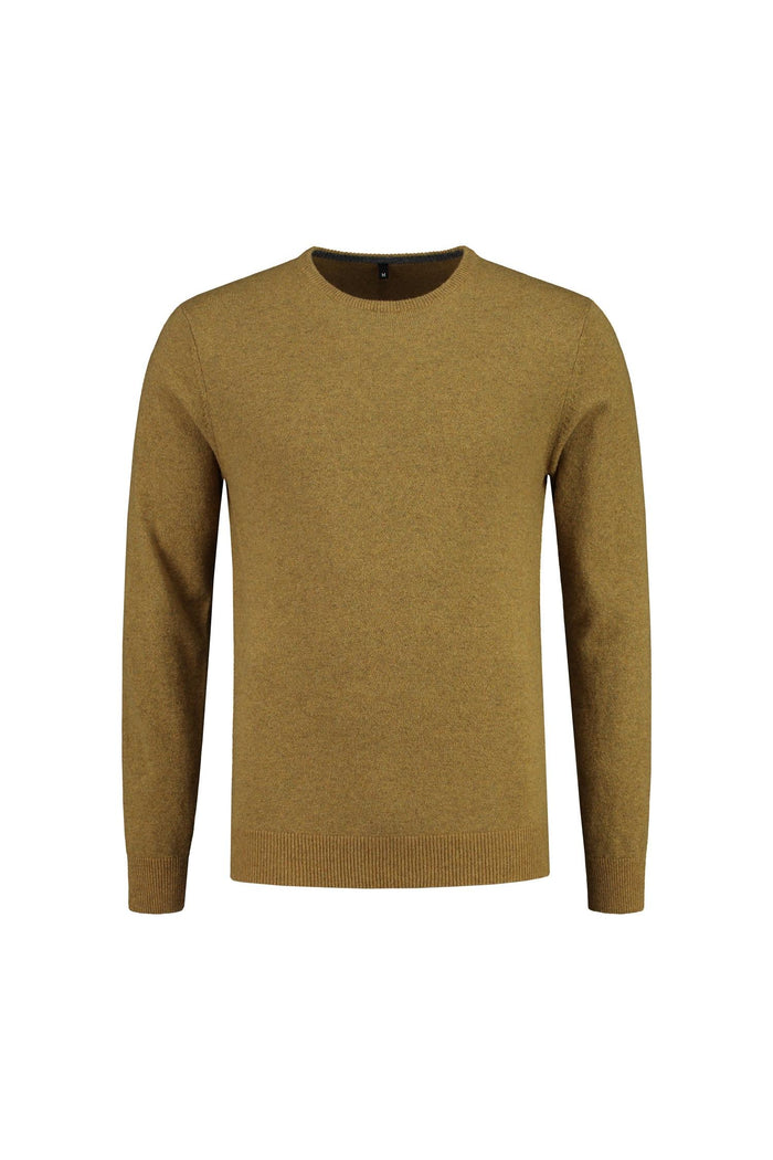Trui ronde hals mosterd wol, mosterdkleurige wol-nylon trui met ronde hals voor stijl en warmte.