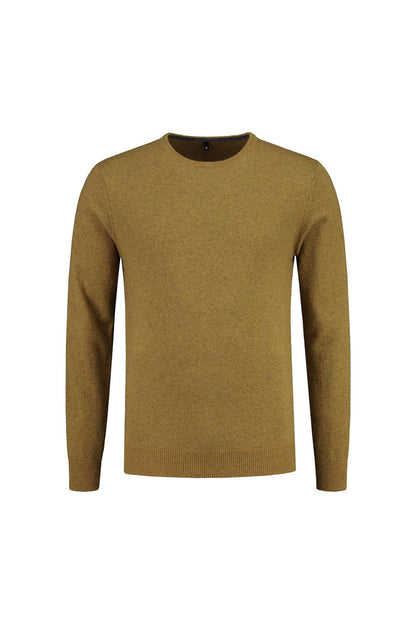 Trui ronde hals mosterd wol, mosterdkleurige wol-nylon trui met ronde hals voor stijl en warmte.