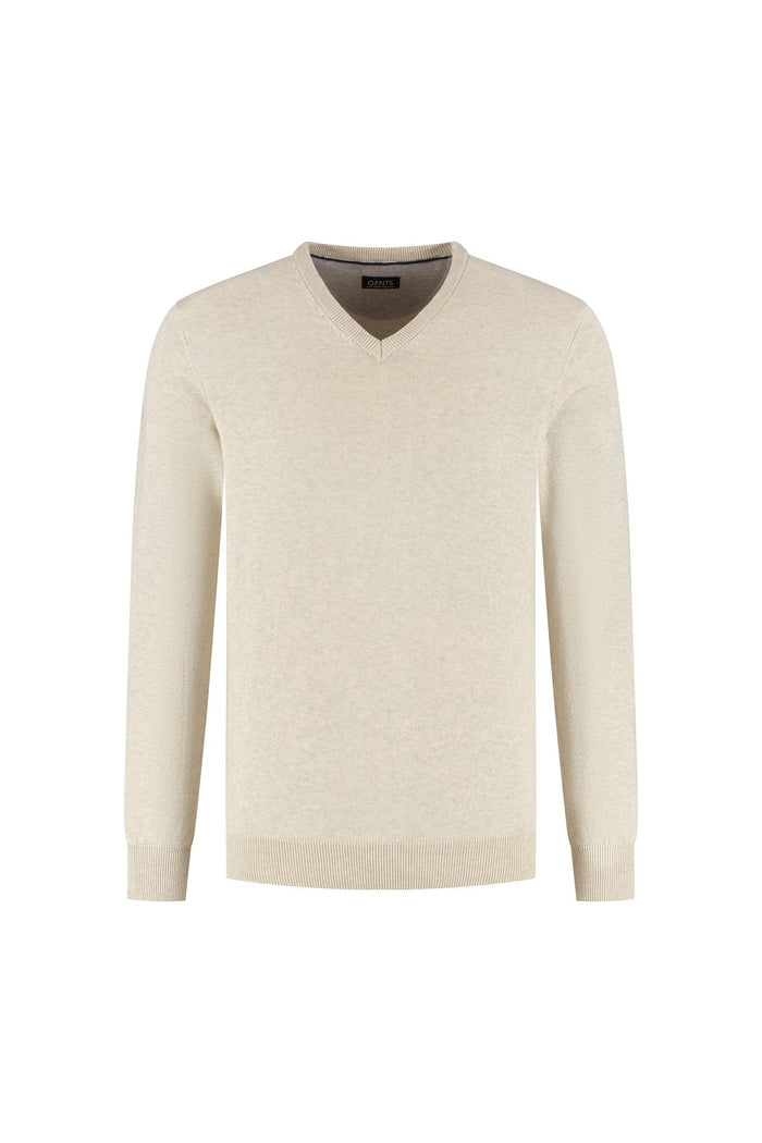 Trui V-hals softcotton zand, ademend en veelzijdig, 100% katoen, lichte kleur.