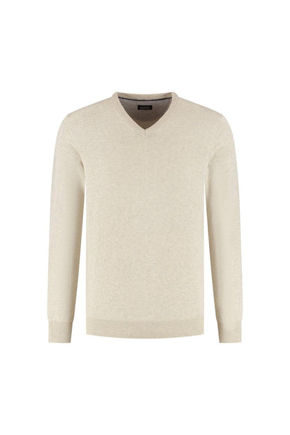 Trui V-hals softcotton zand, ademend en veelzijdig, 100% katoen, lichte kleur.