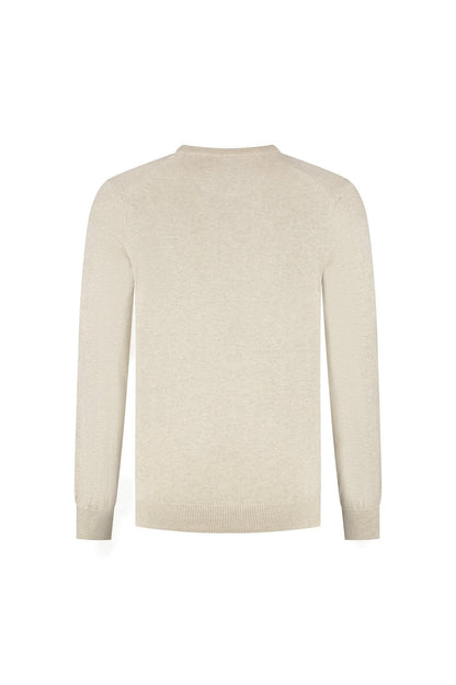 Trui V-hals softcotton zand, achteraanzicht van ademende, veelzijdige 100% katoenen trui.