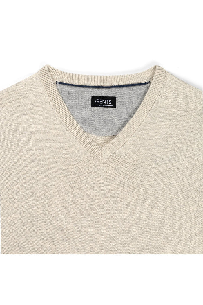 Trui V-hals softcotton zand met V-hals en ademend materiaal, perfect voor stijl en comfort.