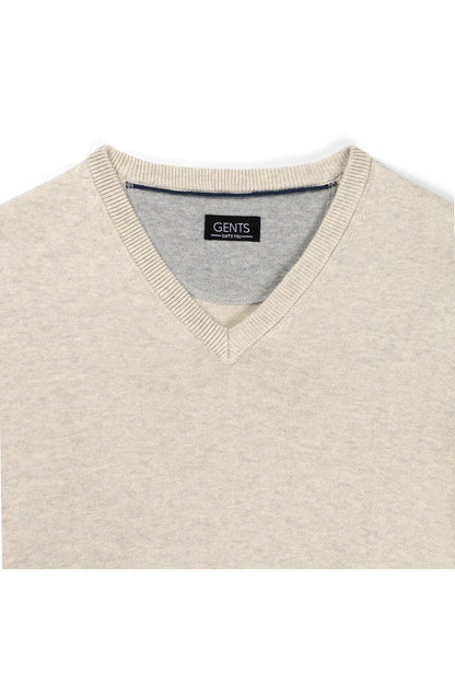 Trui V-hals softcotton zand met V-hals en ademend materiaal, perfect voor stijl en comfort.