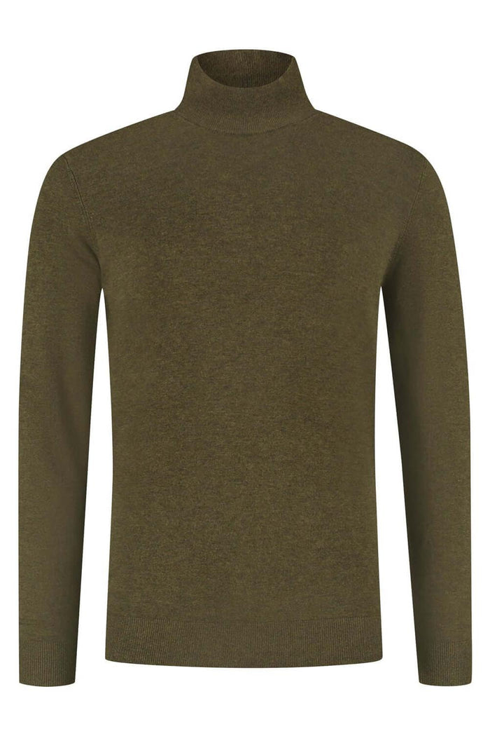 Turtle neck mosgroen, mosgroene coltrui met hoge kraag en ribboorden, ideaal voor elke gelegenheid.