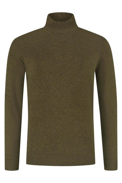 Turtle neck mosgroen, mosgroene coltrui met hoge kraag en ribboorden, ideaal voor elke gelegenheid.