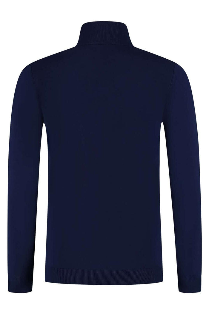 A solid back view of a Turtle neck navy sweater featuring a high collar and streamlined design.
