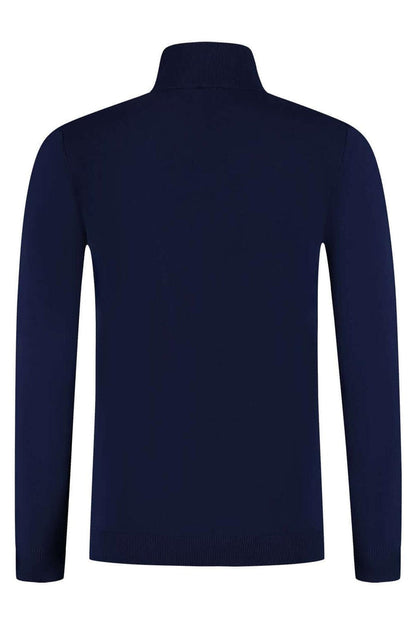 A solid back view of a Turtle neck navy sweater featuring a high collar and streamlined design.