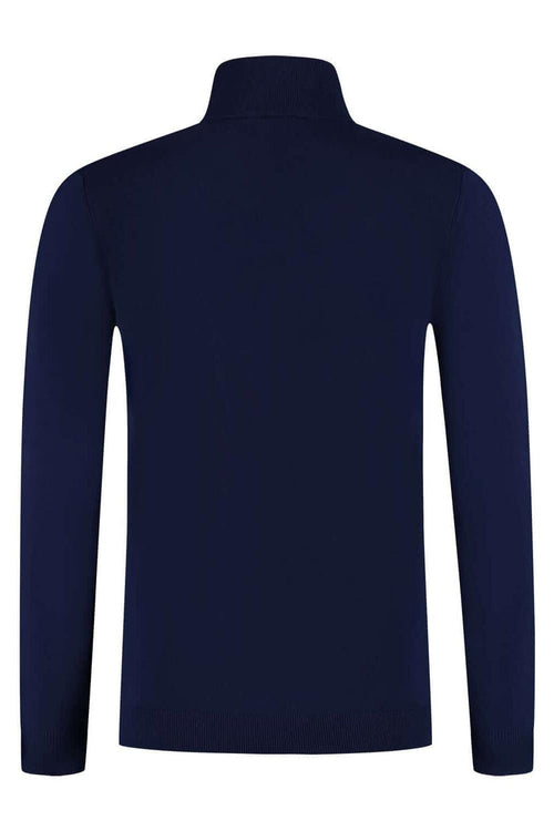 A solid back view of a Turtle neck navy sweater featuring a high collar and streamlined design.