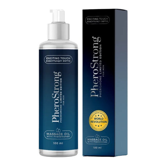 Ulei de masaj cu feromoni PHEROSTRONG Limited Edition For Men, pentru bărbați, note de prune și vanilie, 100 ml (albastru)