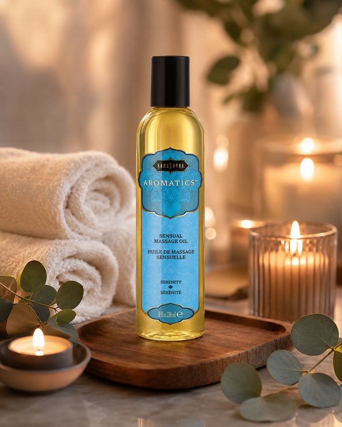 Ulei de masaj KAMASUTRA AROMATICS Serenity Amber, cu aromă de maghiran și lavandă, 236 ml