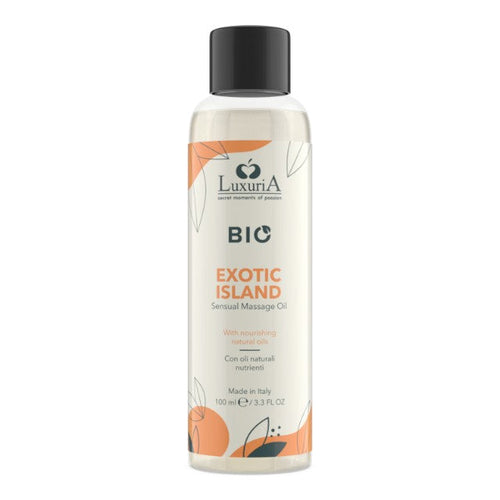 Ulei de masaj LUXURIA Bio Exotic Island, cu uleiuri naturale, fără parabeni, aromă fructată și dulce, 100 ml (portocaliu)