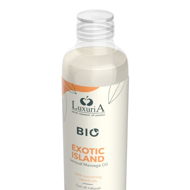 Ulei de masaj LUXURIA Bio Exotic Island, cu uleiuri naturale, fără parabeni, aromă fructată și dulce, 100 ml (portocaliu)