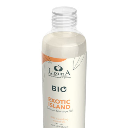 Ulei de masaj LUXURIA Bio Exotic Island, cu uleiuri naturale, fără parabeni, aromă fructată și dulce, 100 ml (portocaliu)