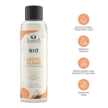 Ulei de masaj LUXURIA Bio Exotic Island, cu uleiuri naturale, fără parabeni, aromă fructată și dulce, 100 ml (portocaliu)