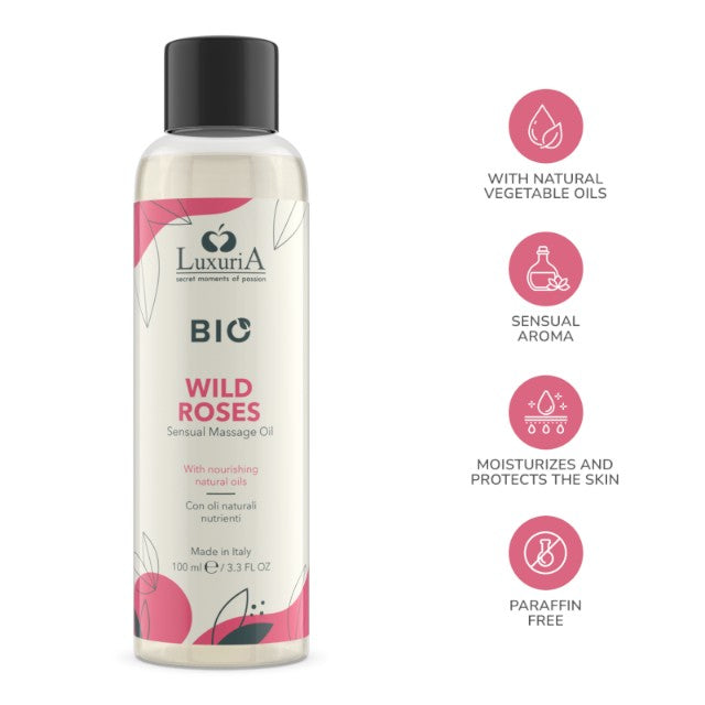 Ulei de masaj LUXURIA Bio Wild Roses, cu uleiuri naturale, fără parabeni, aromă de trandafir, 100 ml (roz)