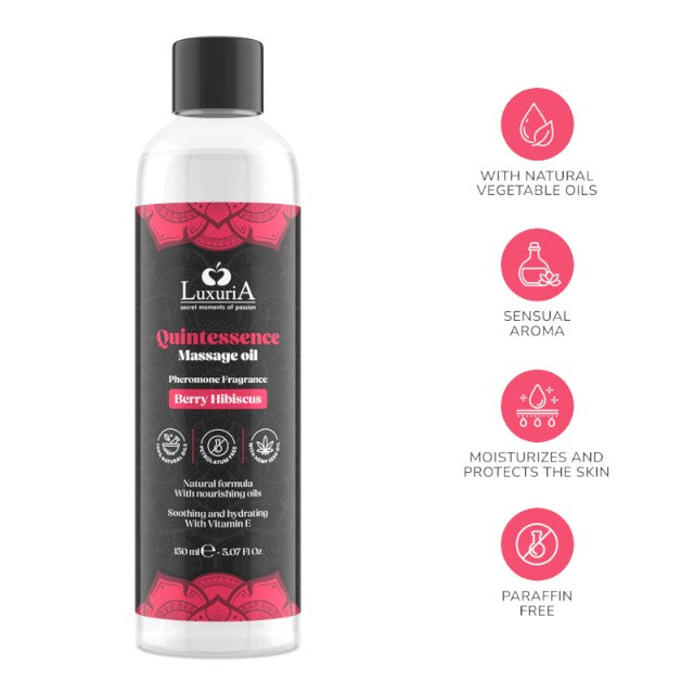 Ulei de masaj LUXURIA Quintessence Berry Hibiscus, cu vitamina E și feromoni, cu aromă de zmeură și hibiscus, 150 ml
