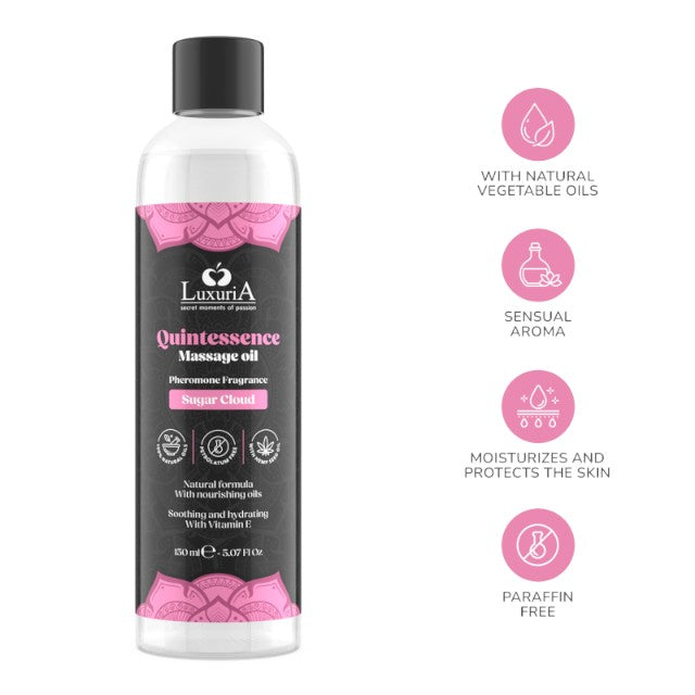 Ulei de masaj LUXURIA Quintessence Sugar Cloud, cu vitamina E și feromoni, cu aromă dulce, 150 ml