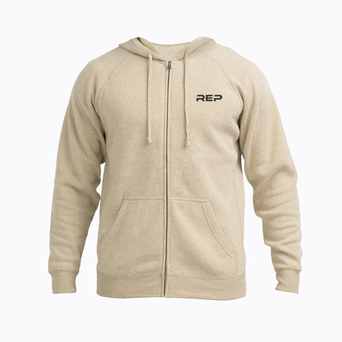 The REP Fitness Unisex Zip Hoodie in Heather Stone/Black front