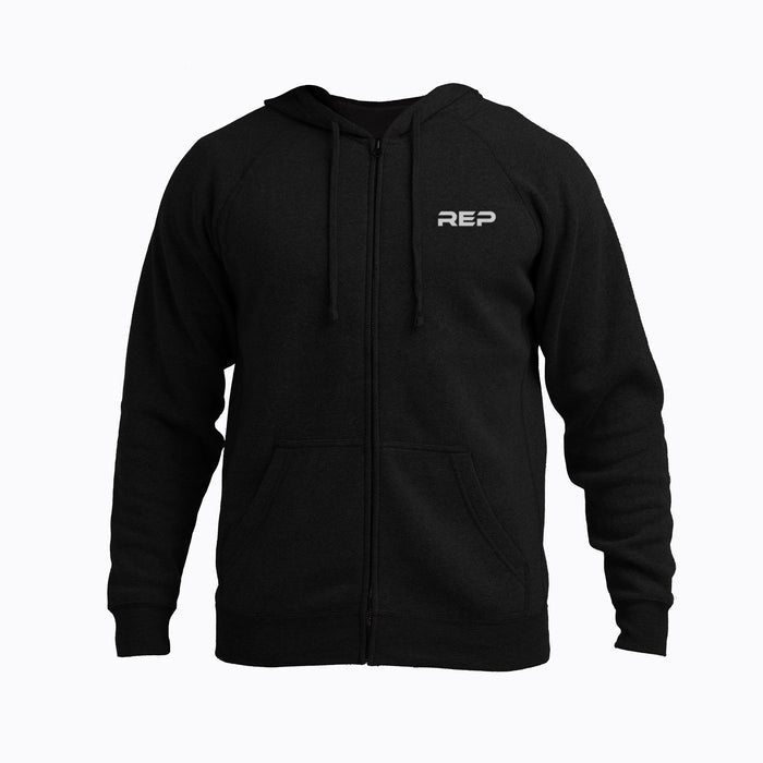 The REP Fitness Unisex Zip Hoodie in Black/White front